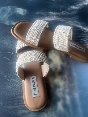 Steve Madden Woven Double-Band Slide Sandals in Cream and Tan